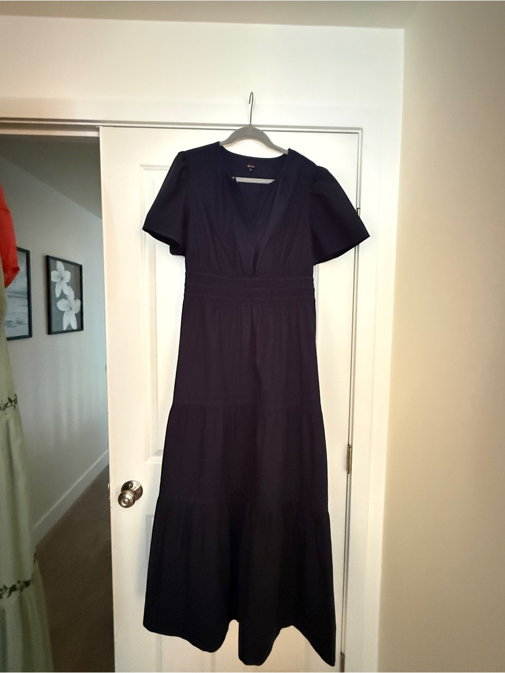 Quince Navy V-Neck Tiered Maxi Dress with Short Sleeves